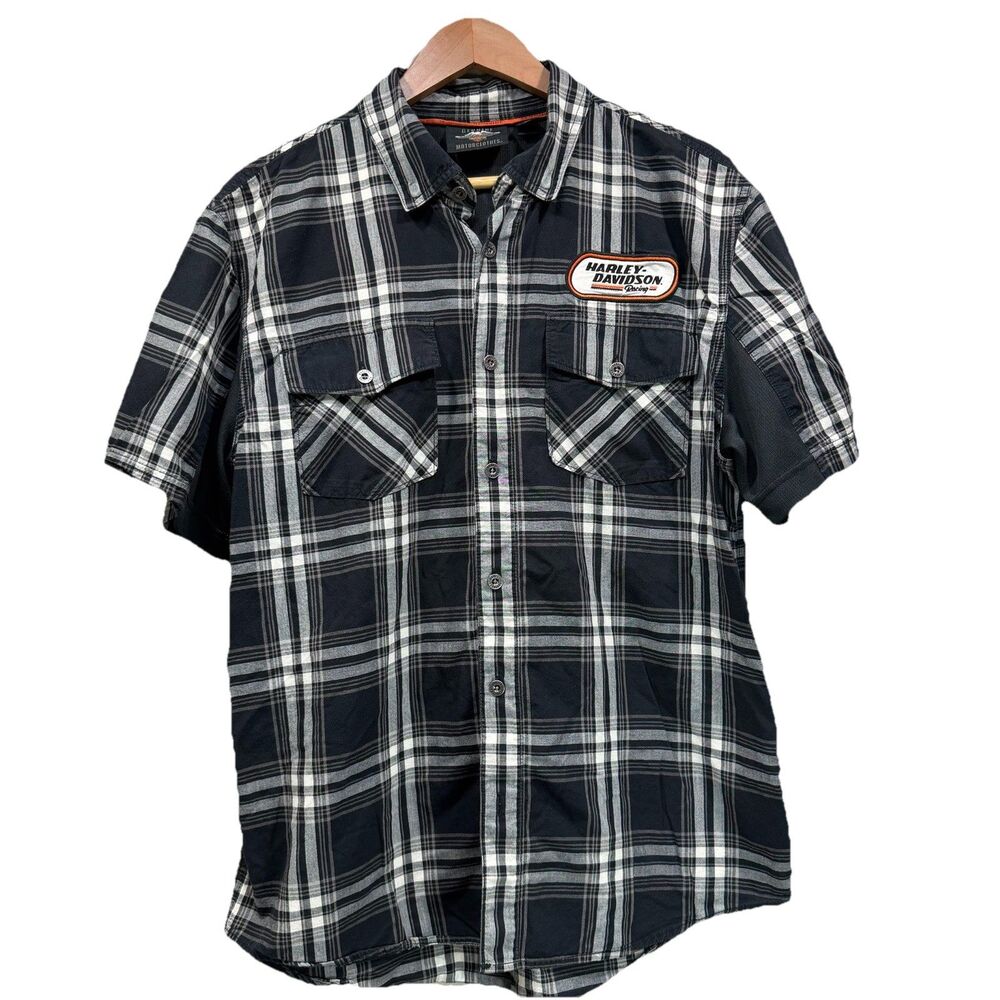 HARLEY DAVIDSON Mens Size L Short Sleeves Black Plaid Button Down Collared Shirt